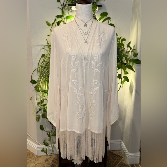 Lush Accessories - Lush Cream Embroidered Wrap with Fringe